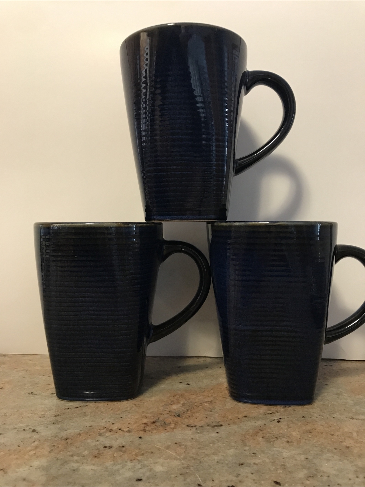 Set 3 Blue Striped Stoneware 16 Ounce Tall Coffee Latte Mugs See Color in Pics