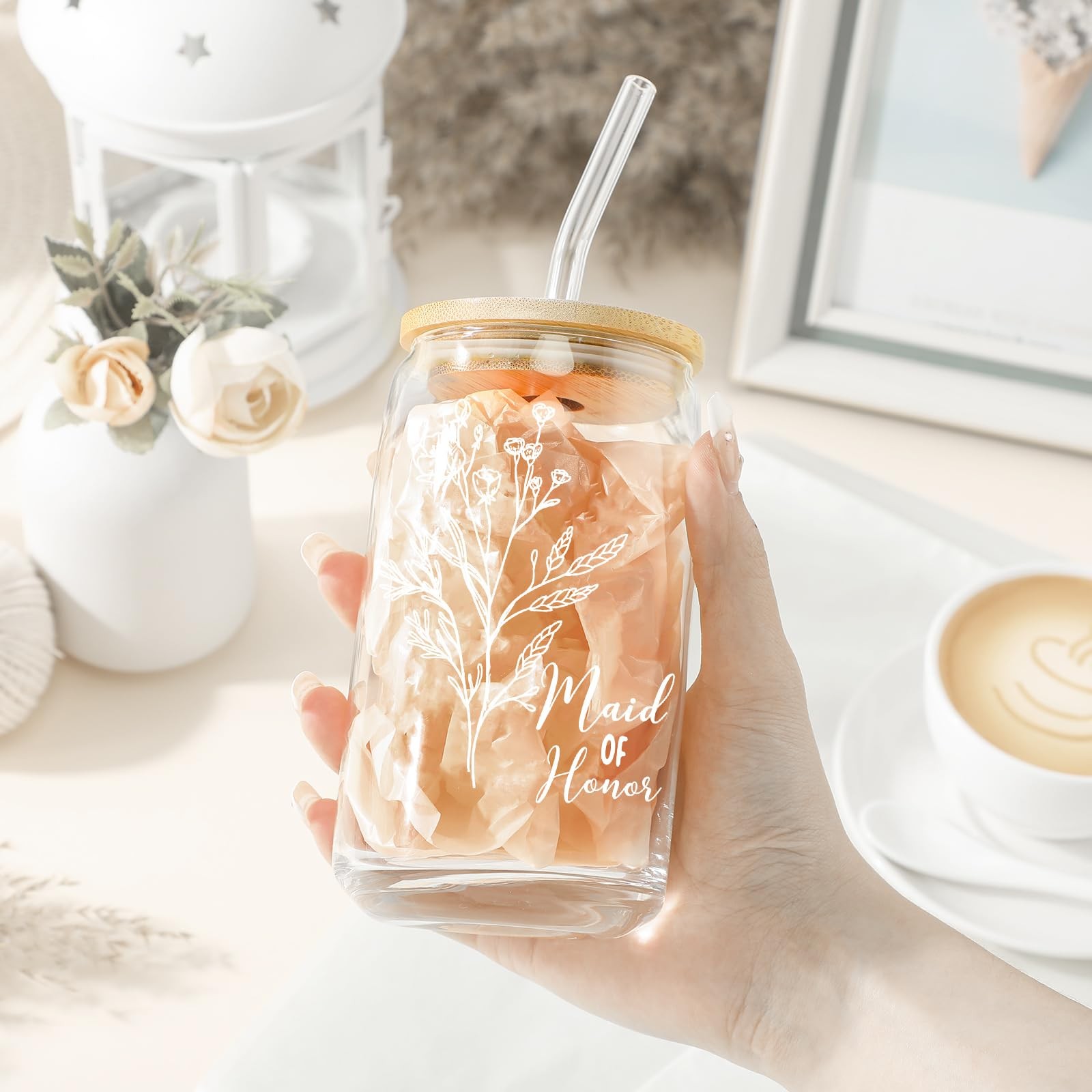 Layhit 3 Pcs 16 Oz Can Shaped Glass Cups with Lids & Straws Bridesmaid Gifts