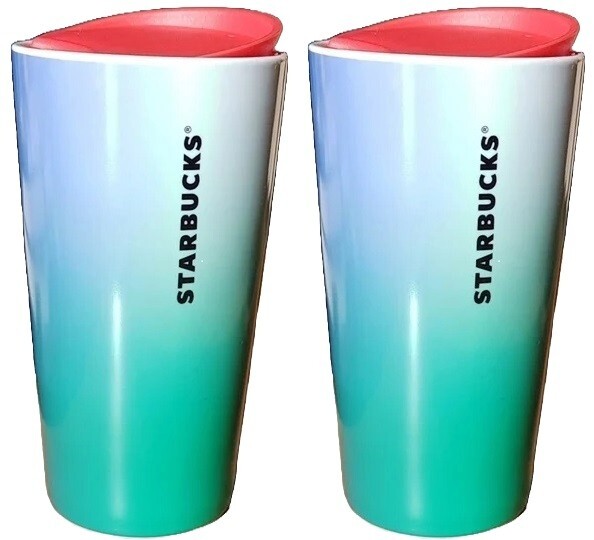 Starbucks 2022 Blue Green Ocean Gradient Travel Cup Ceramic Tumbler 12oz 2 Pack