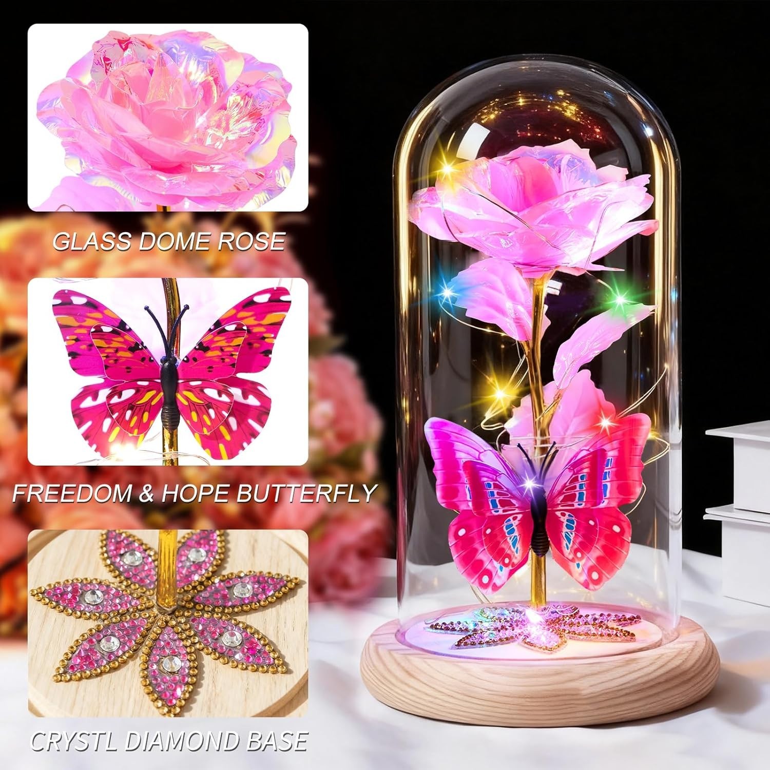 Eternal Galaxy Glass Rose in Dome – LED Light-Up Flower Gift