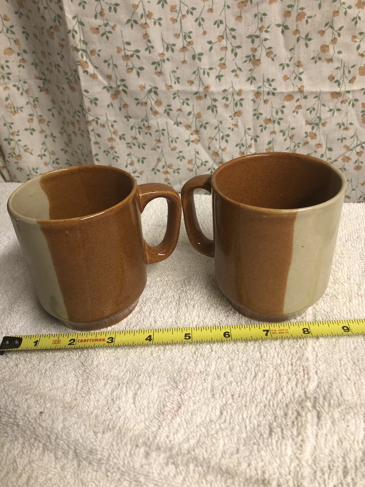 Pair Of Vertical Stripe Brown Tan MCM Coffee Cups Mugs Mid Century Modern READ