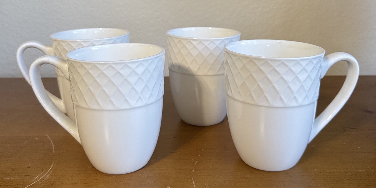 Mikasa Trellis Bone China Set Of 4 White 14oz. Coffee Tea Mugs Cups – Read Info
