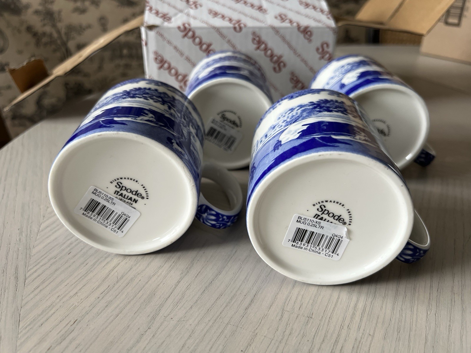 Spode Blue Italian 9 oz Coffee Mugs, Set of 4, Fine Porcelain – Blue White
