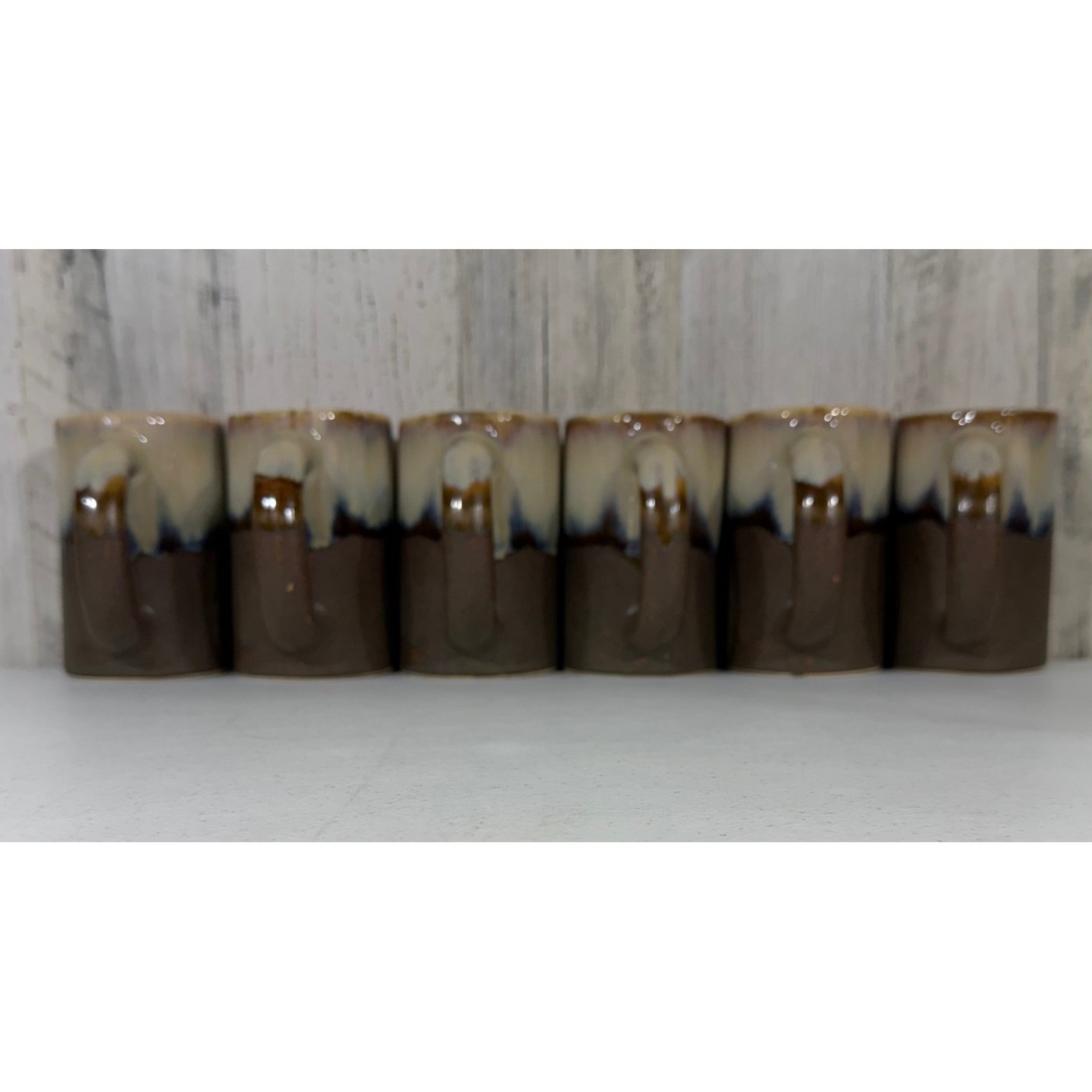 Rodolfo Padilla Stoneware Mug Set of 6 Brown Cream Blue Drip Glaze Round