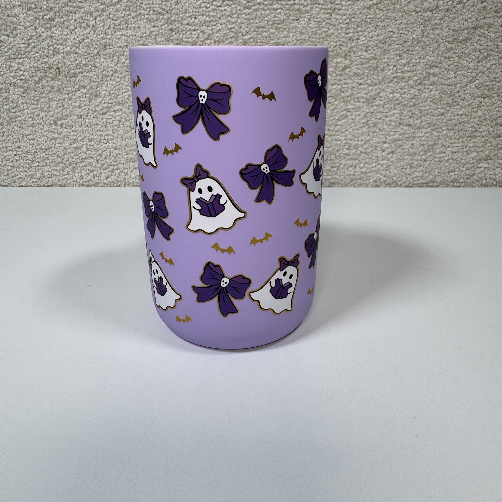 Cobwebs And Cauldrons Purple Ghost Reading Bows Bats Books Coffee Mug Halloween