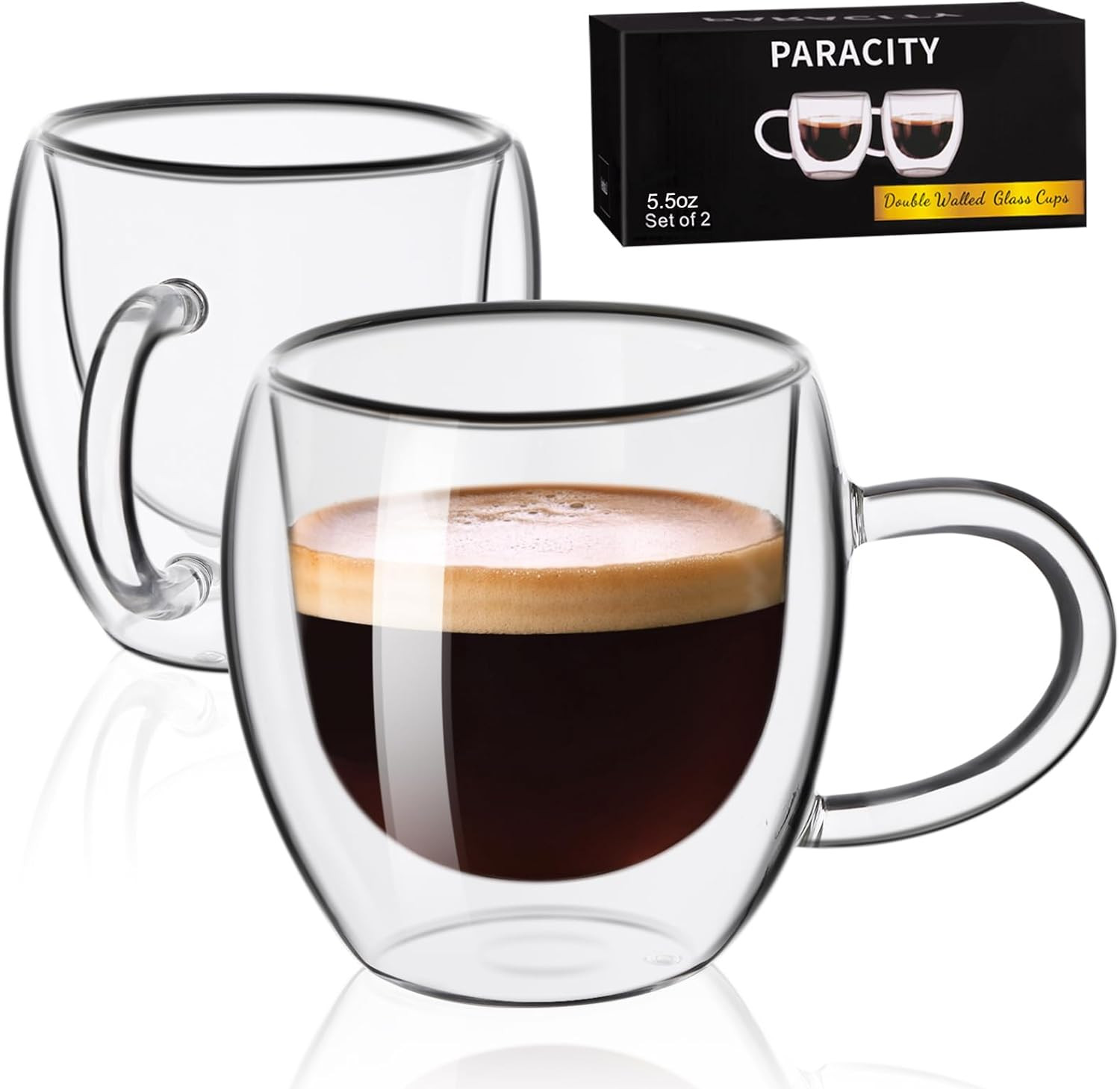 Espresso Cups Set Of 2, Double Wall Insulated Glass Coffee Mugs 5.5 OZ, Cappu…