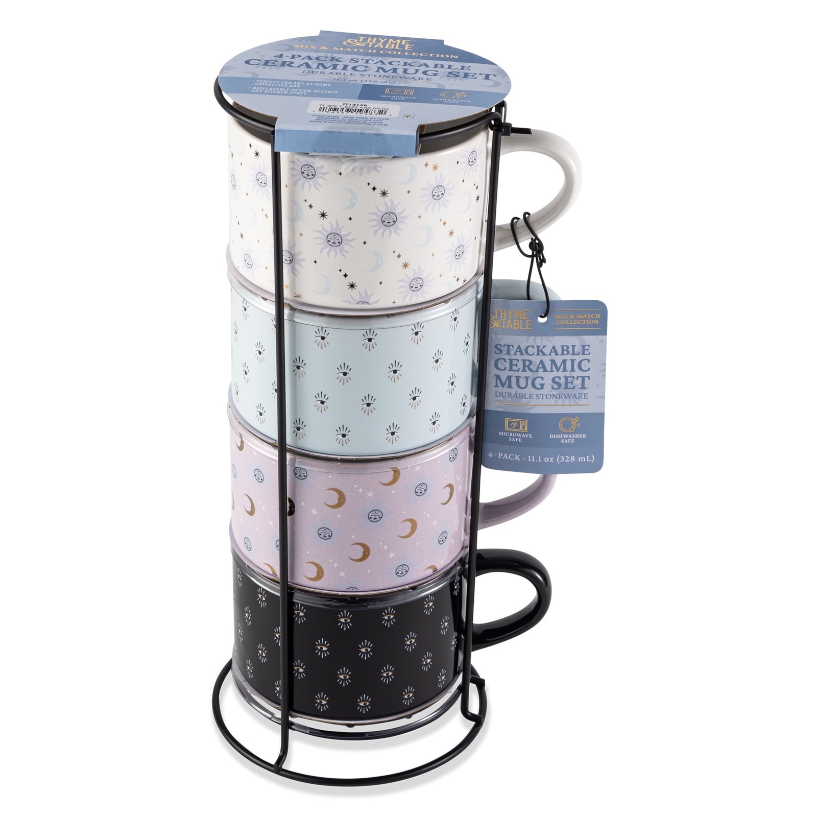 11.1 fl oz Assorted Celestial Stoneware Stacking Mugs W/ Wire Rack Set of 4