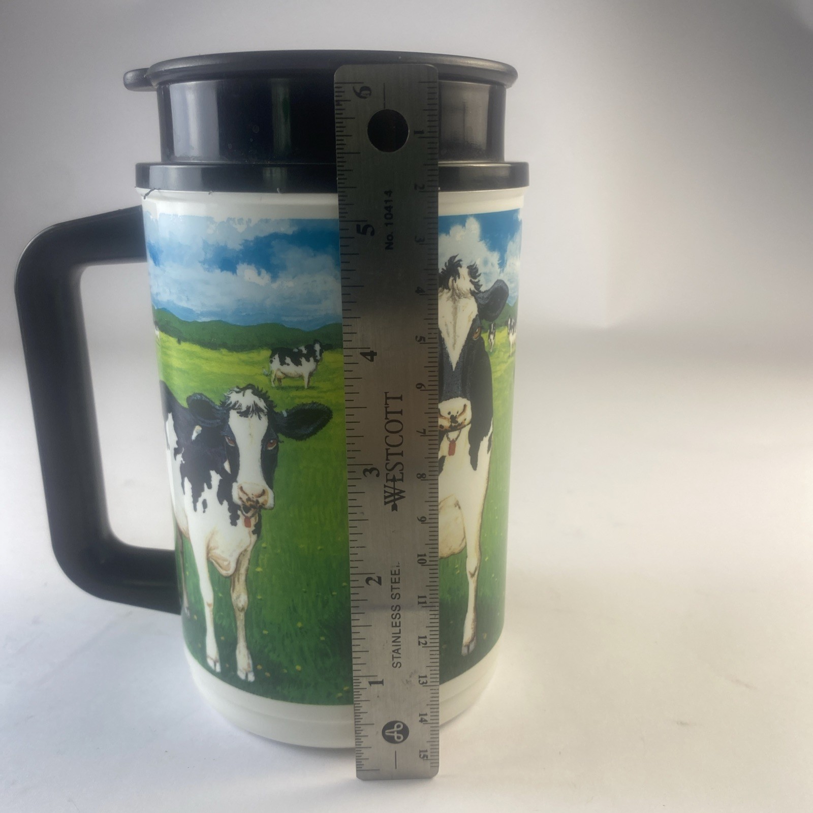Whirley T-7 16 fl oz human-i-ts Cow Print Double Wall Travel Coffee Tea Mug Cup