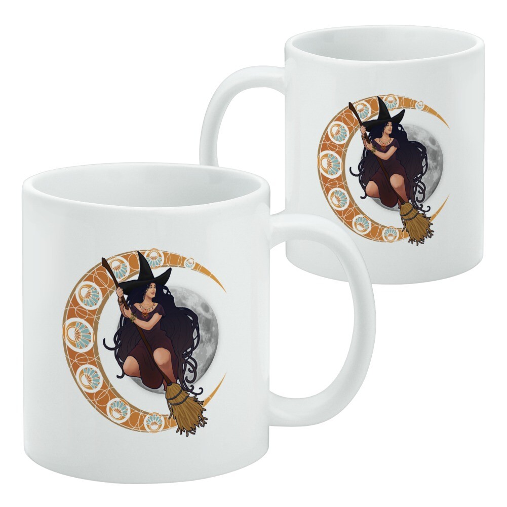 Witch on Broom over Moon Art Nouveau Style White Mug