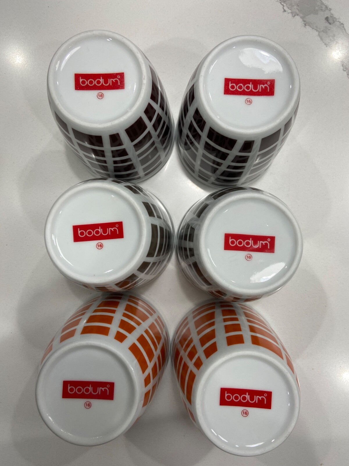VINTAGE BODUM COFEE CUPS / SET OF 6 / CHOCOLATE, GRAY & ORANGE / RARE FIND!