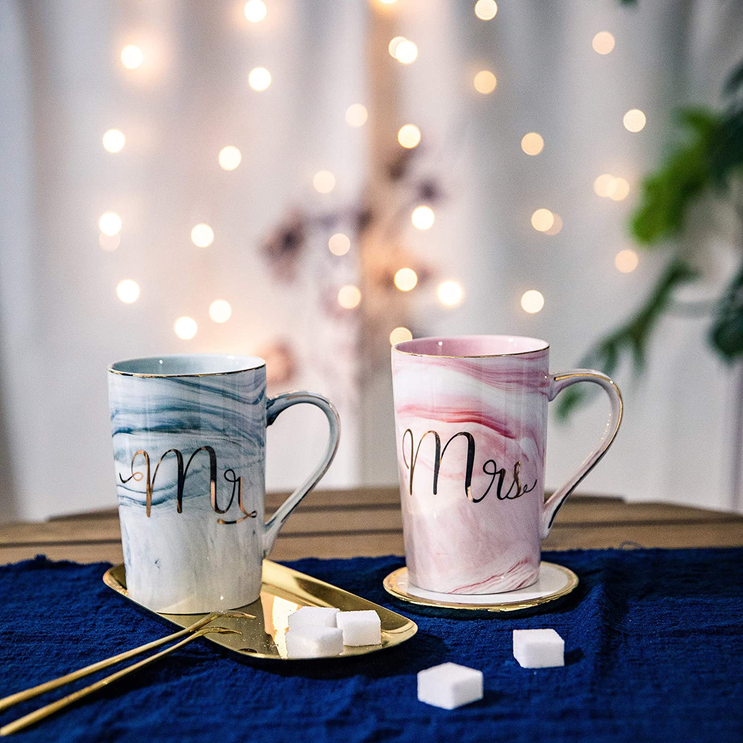 Mr and Mrs Coffee Mugs Wedding Gifts for Bride Groom Ceramic Marble 14 Oz