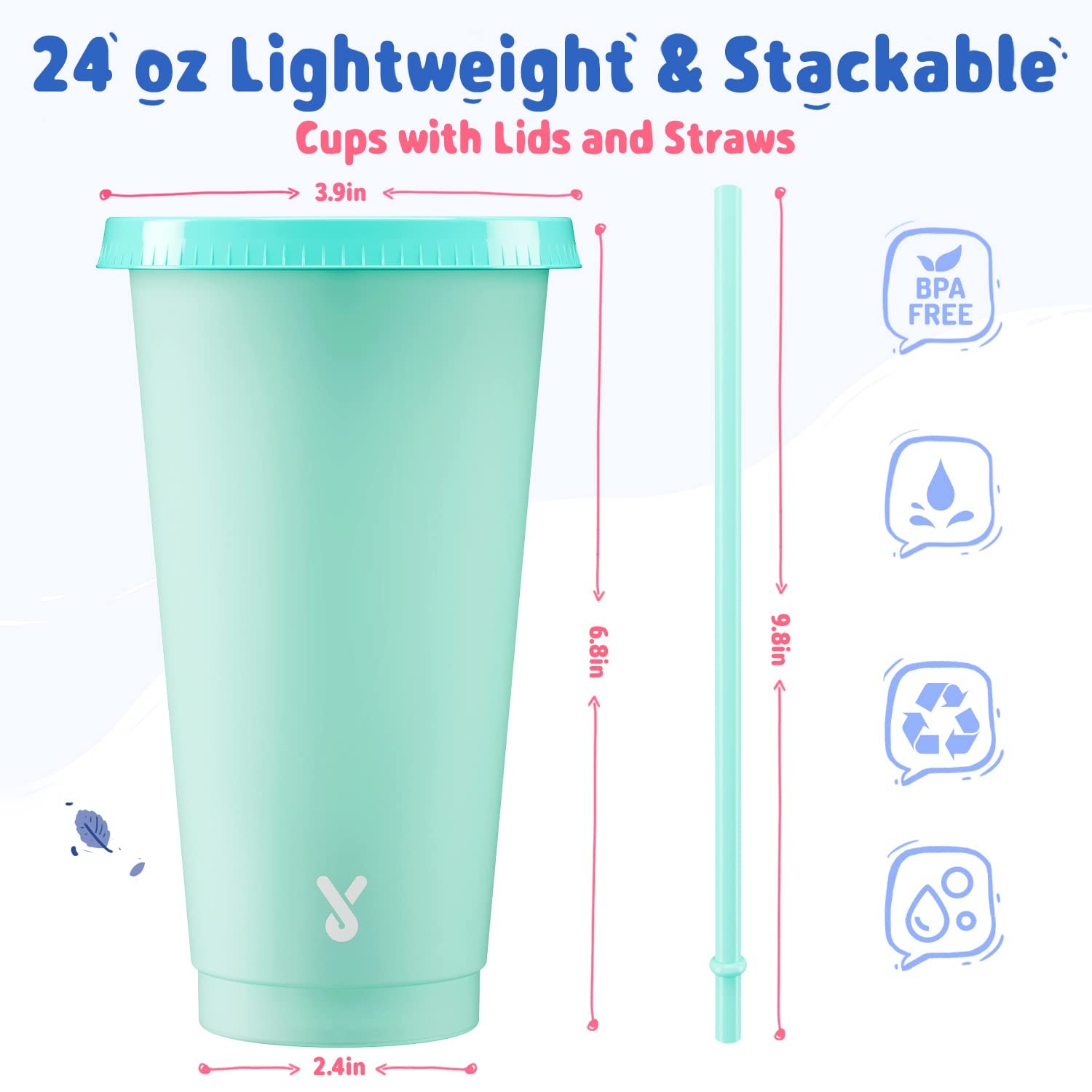 Plastic Cute Cold Cups with Lids and Straws Bulk for Iced Coffee 6 Pack 24 o…
