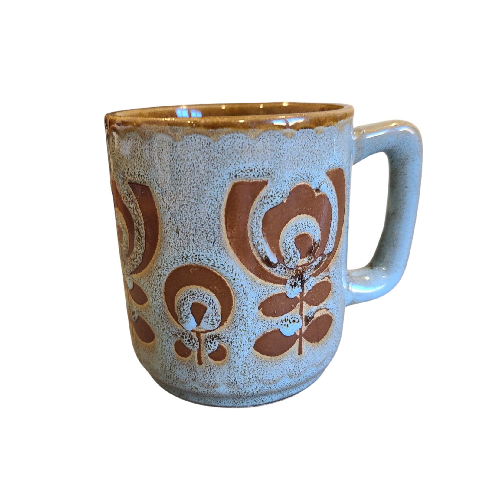 Vintage Studio Pottery Coffee Mug Blue Brown Floral Drip Glaze MCM Stoneware 4in