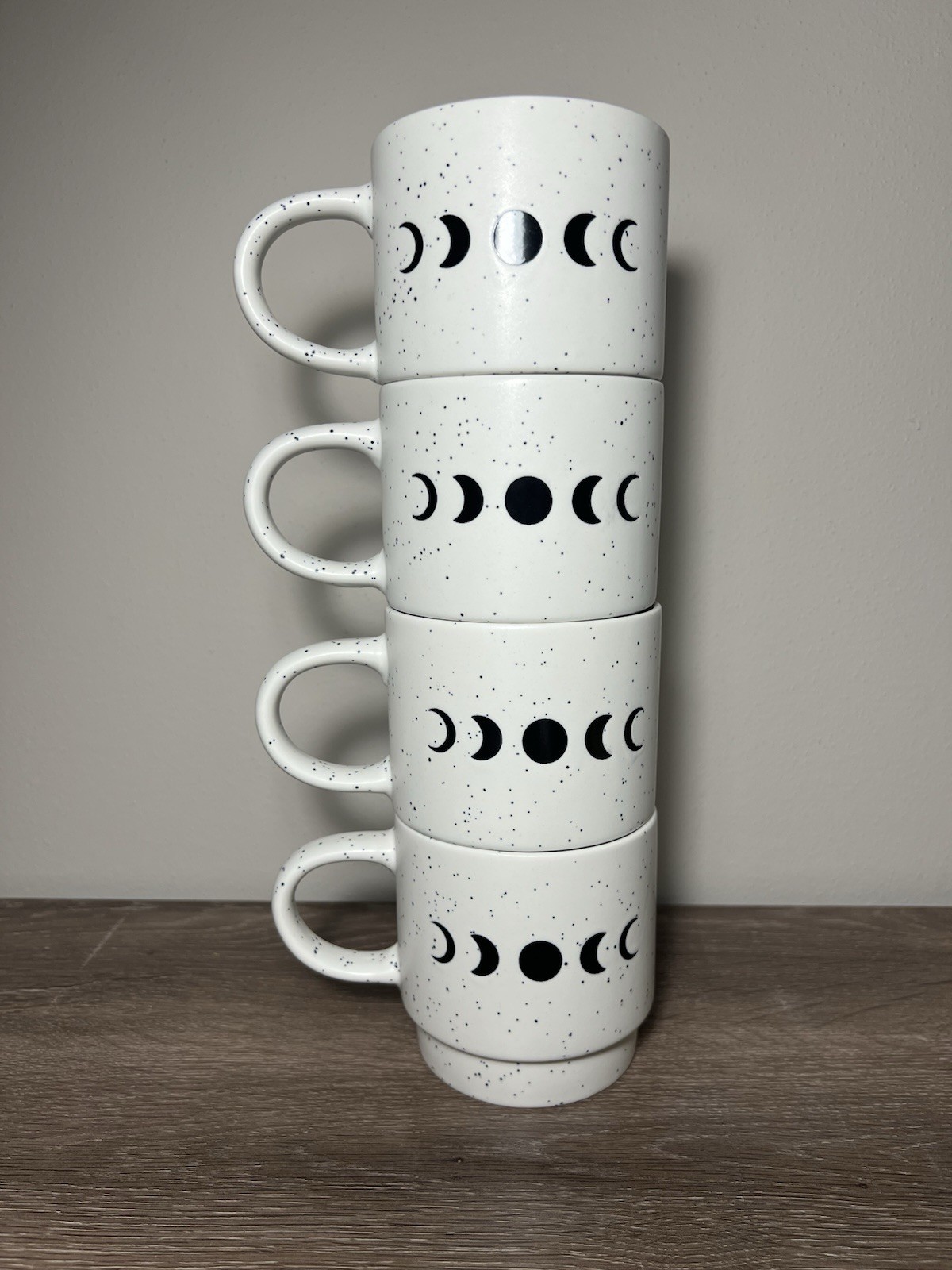 Set Of 4 Market Finds Phases Of The Moon White With Black Speckles Coffee Mugs