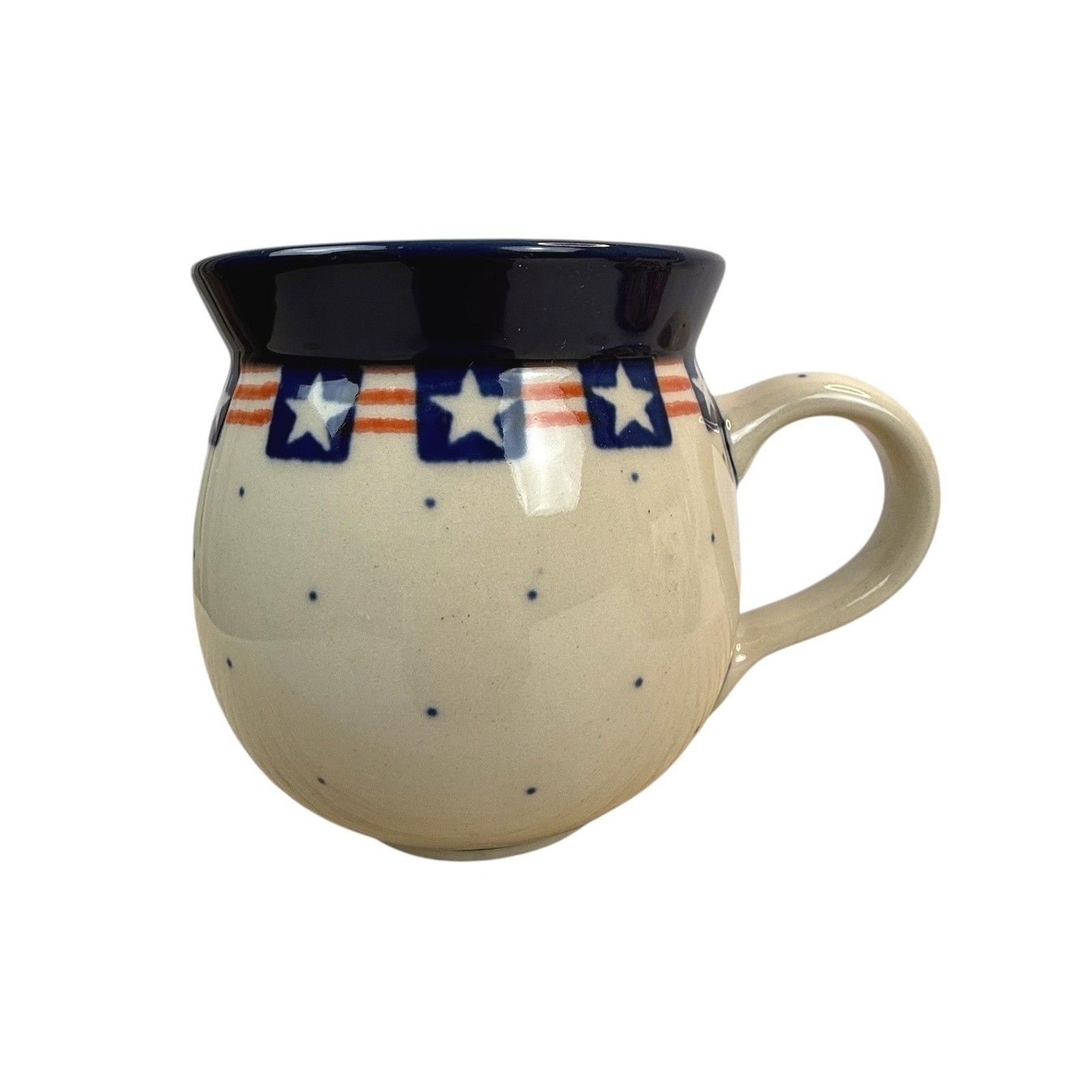 Polish Pottery Ceramika Artystyczna Cup/Mug 8 oz Blue Red White Stars Polka Dot