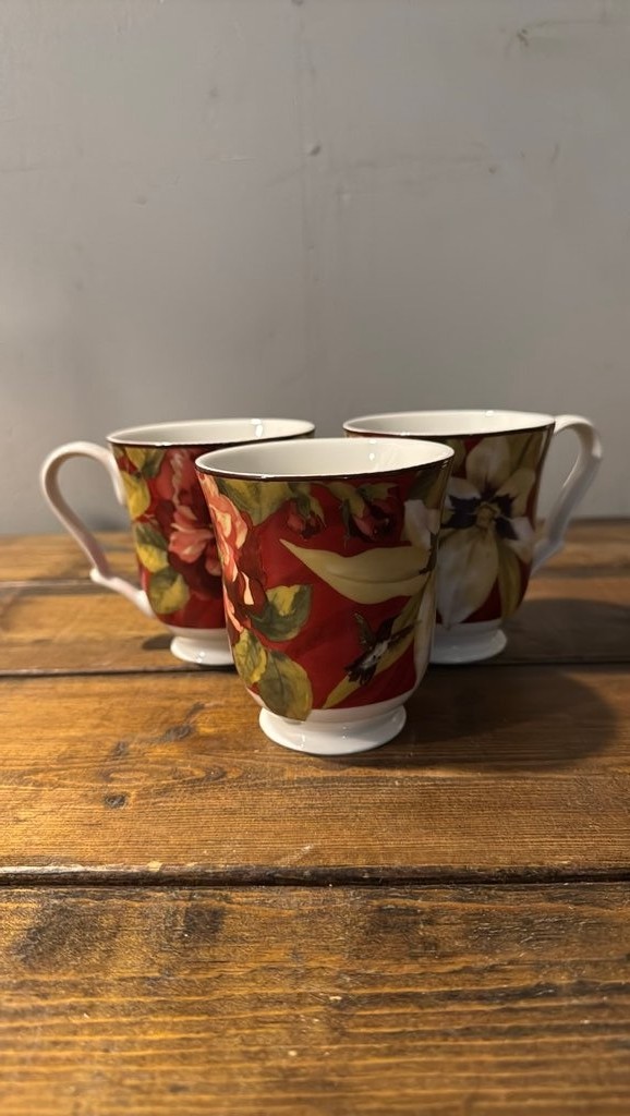 Set of Three Floral Bone China Mugs