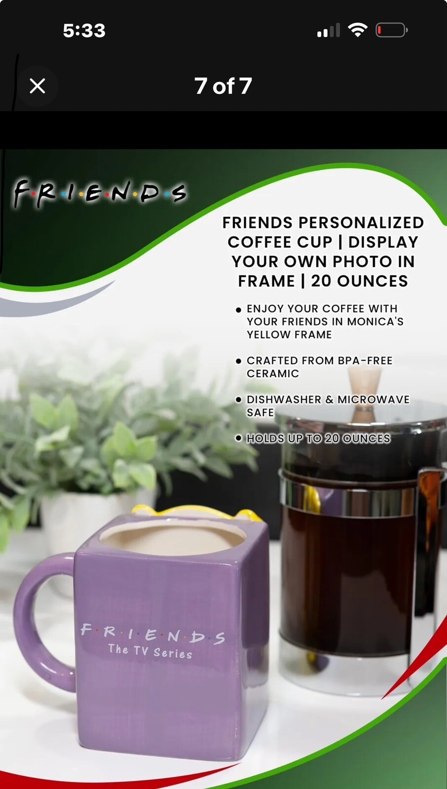 Friends Personalized Coffee Mug | Display Your Own Photo In Frame | 20 Ounces