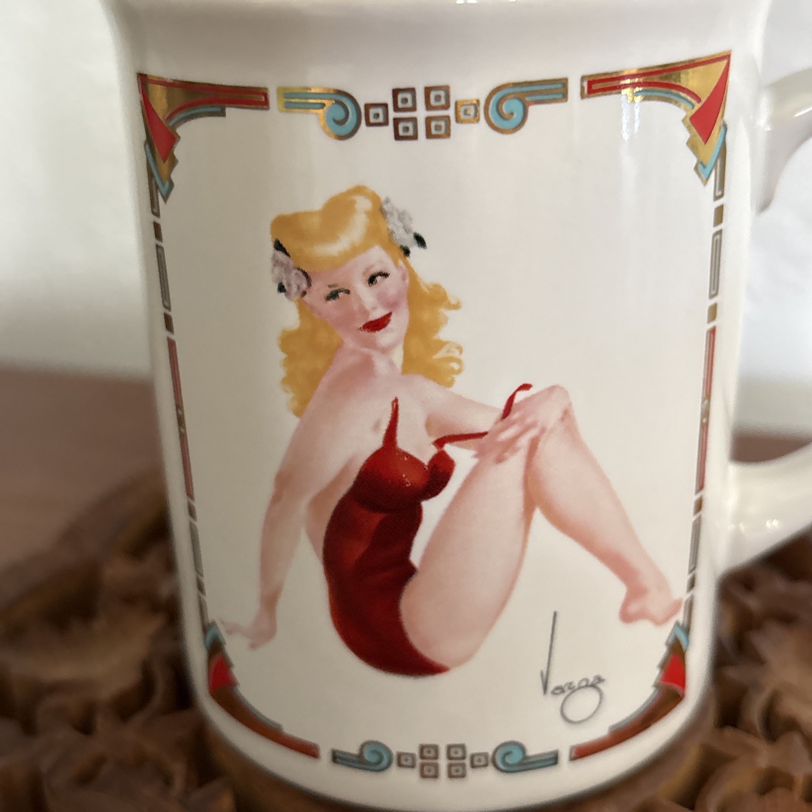 Vintage 80s 1987 Varga Coffee Cup Girl Art Deco Nouveau August 1943 Pin Up Glam