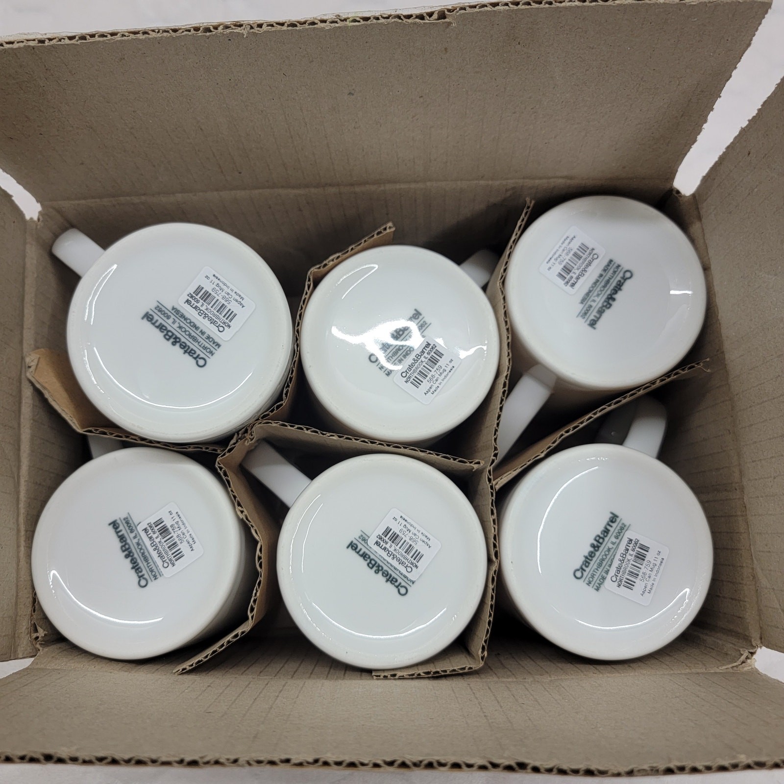 Set of 6 Crate & Barrel Aspen Can Mugs White Porcelain 11oz Coffee Cups New