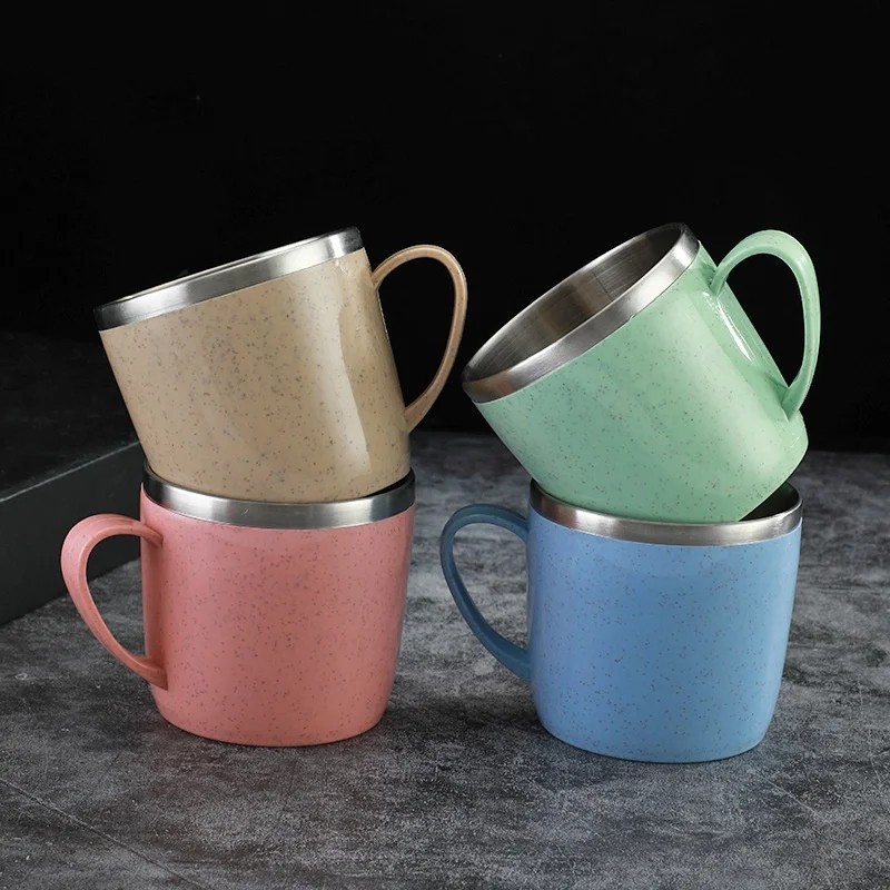 Simple Solid Color Stainless Steel Mug Wheat Straw Element Small Water Cup Child