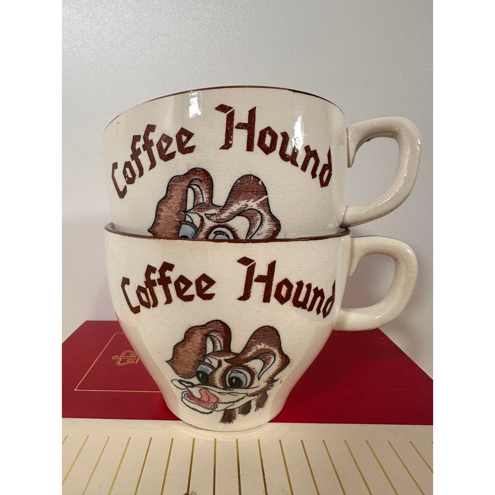 Vintage Coffee Lovers Quirky Mugs Cream Brown Coffee Hound Japan Set of 2