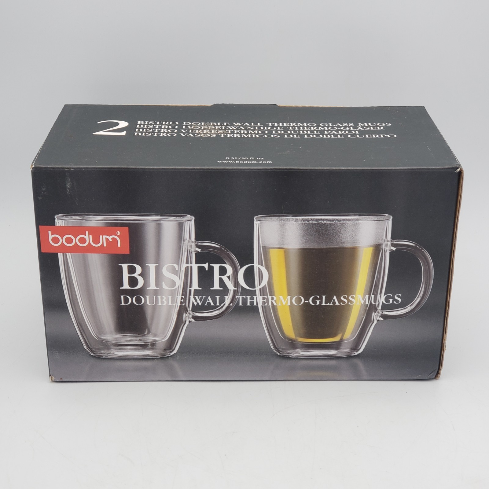 2 Bodum Bistro 10oz Coffee Mugs Set w Box Double-Wall Insulated Clear Glass EUC