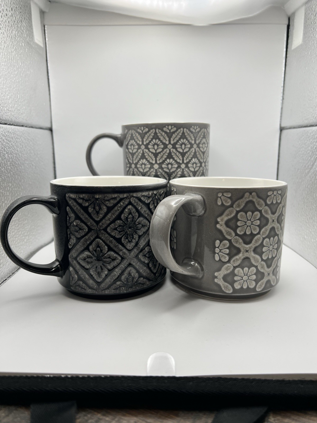 Modern Geometric Pattern Ceramic Coffee Mug Set Gray Black White Three-Piece
