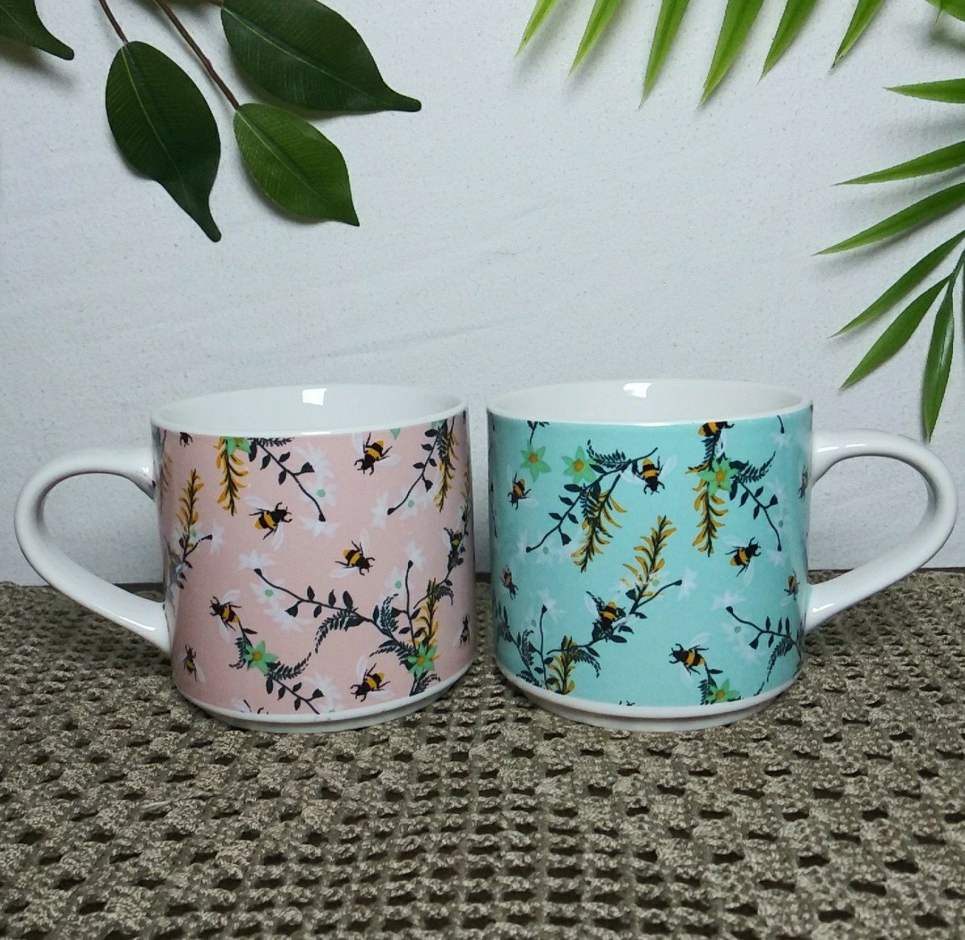 Coco + Lola Mug Set Of 2 Coffee Cups Honey Bees Spring Flowers Pink Turquoise