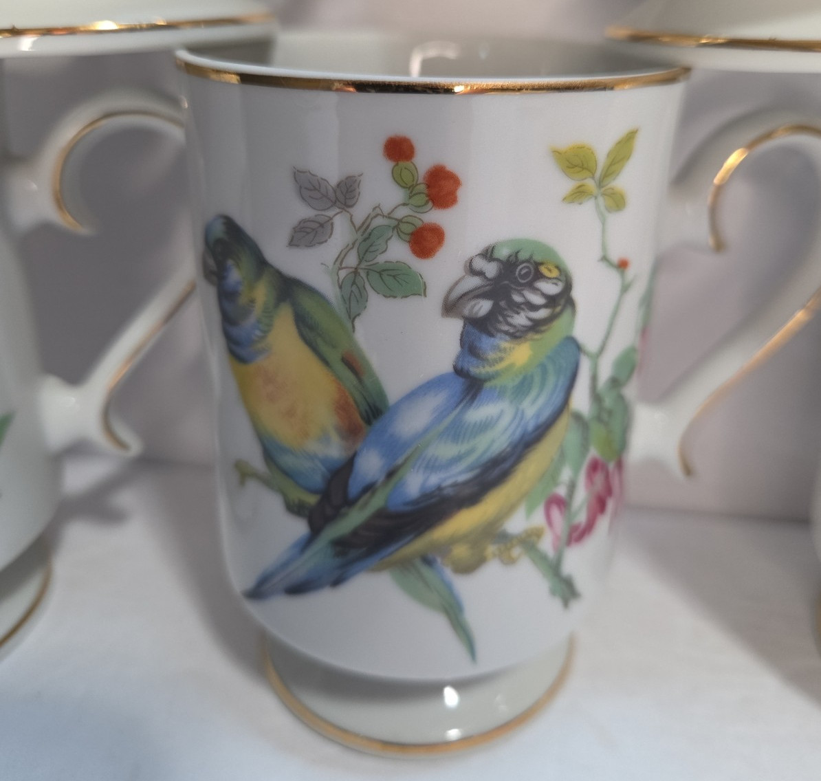 6 Vintage Royal Crown Love Birds Coffee Mugs Cups Pedestal Gold Trim Bird Lovers