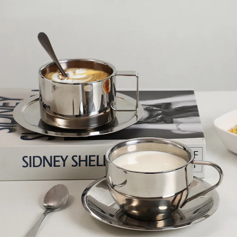 Korean Style Niche Coffee Cup and Saucer Set Retro Stainless Steel Coffee Cup Sm