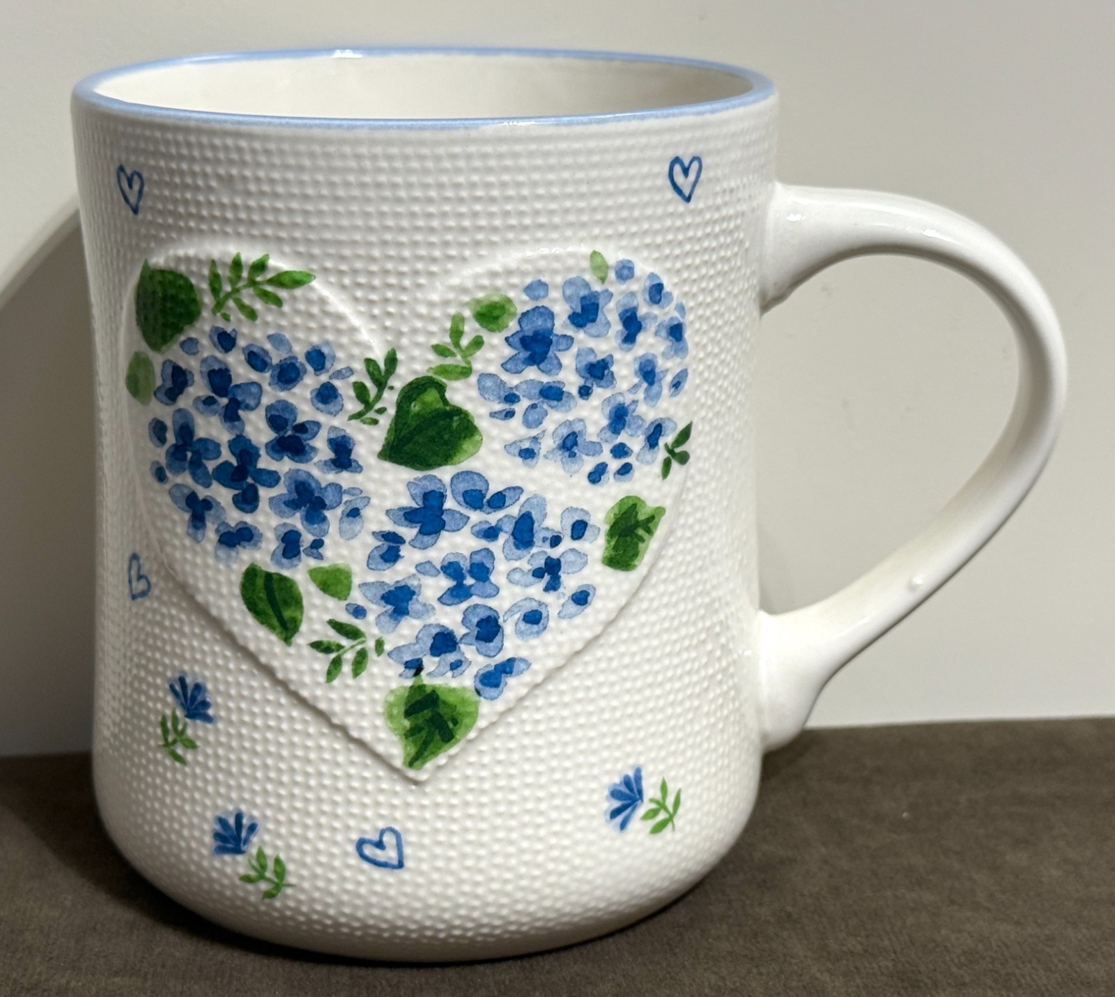 Petal & Pearl Blue Hydrangeas & Hearts Ceramic Mug with Dot Texture #675