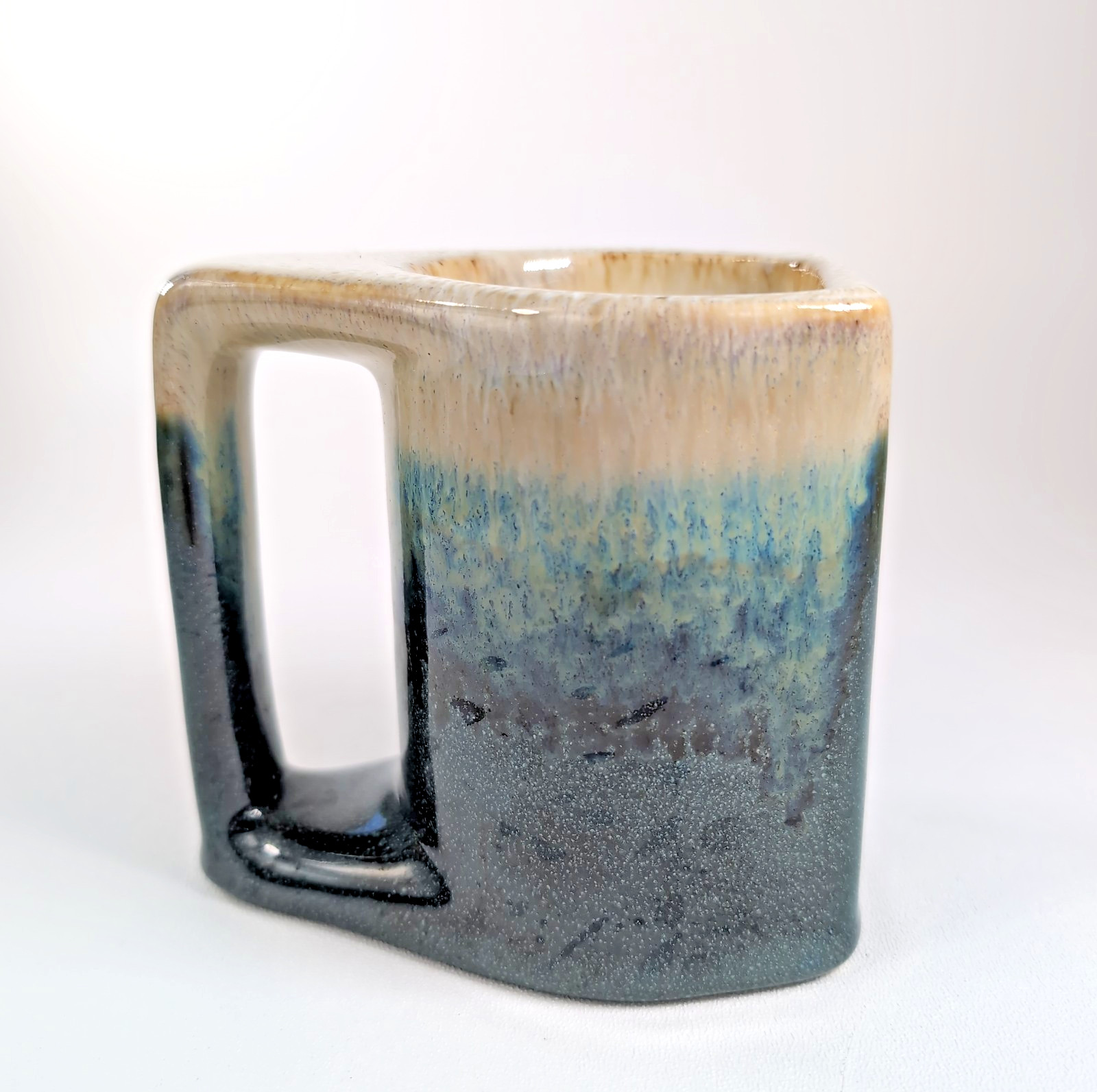 VTG 80s Set 6 Rodolfo Padilla Drip Glaze Blue Aqua MCM Coffee Cup Mug Wood Stand