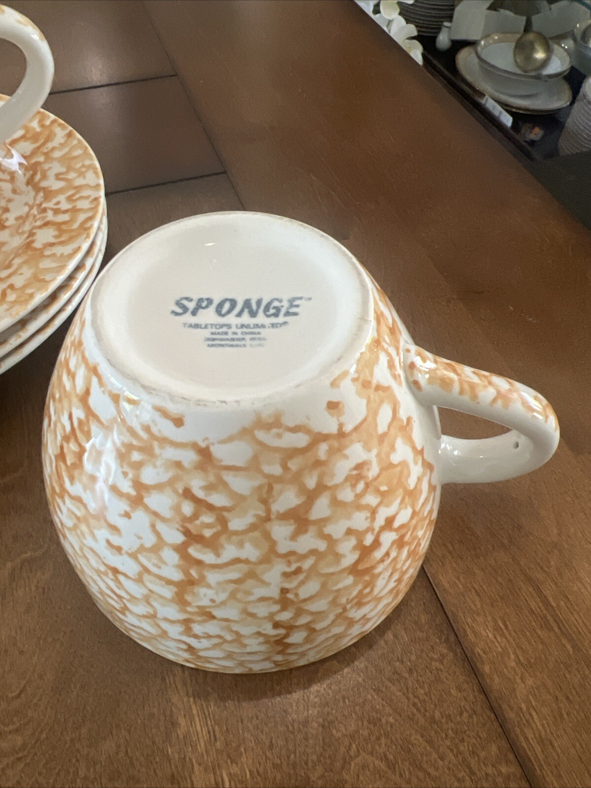 3 Pc Set . “Sponge” Coffee Mug. Orange Color. Complete With Saucer 16 oz.