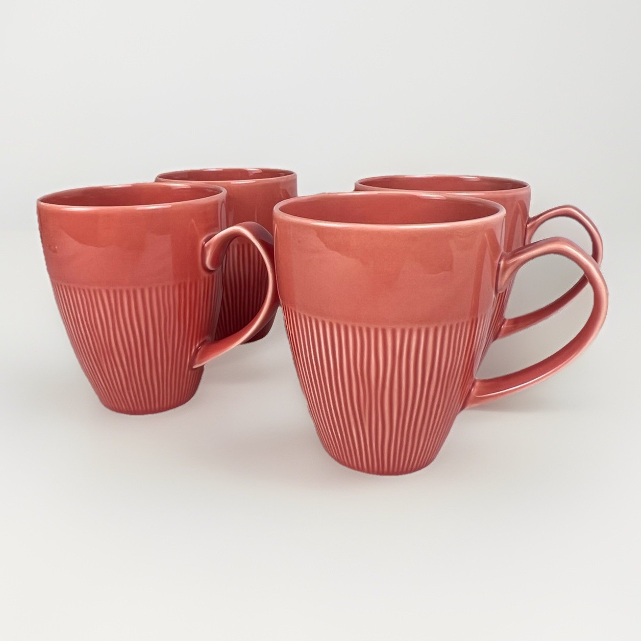 Set of 4 West Elm Coral Pink Ribbed Stoneware Coffee Mugs 15 Oz Thailand