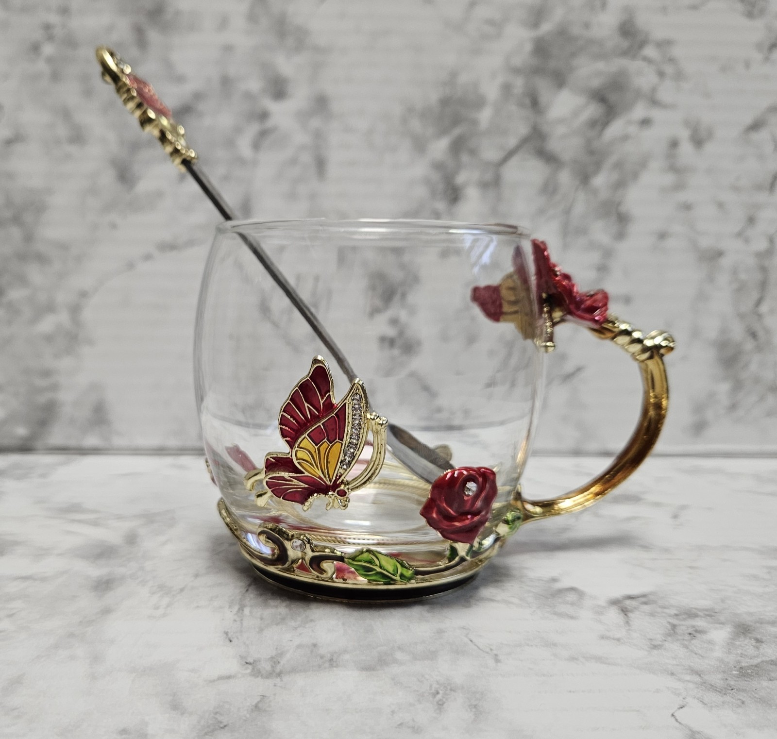 Coffee Tea Cup With Embellished Butterfly And Flowers