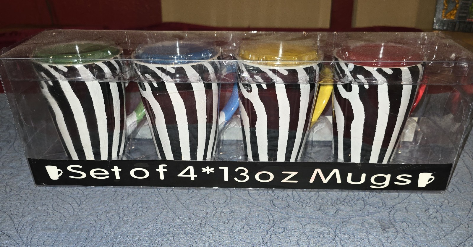 Simple Dining Set of 4 Primary Colors Zebra Print Mugs 13oz Never OPENED NEW BOX