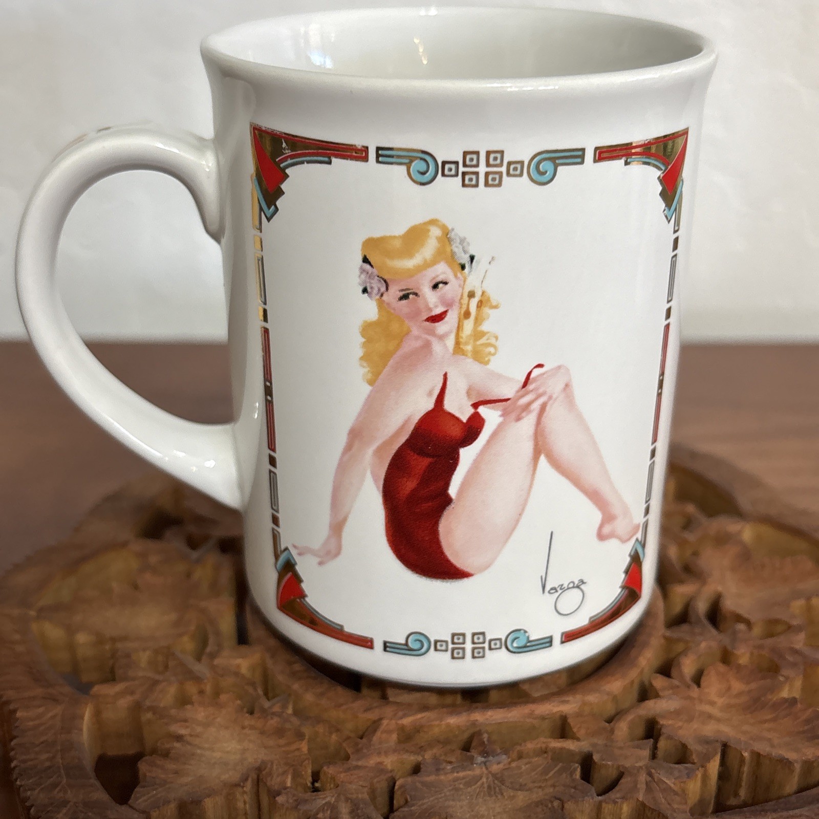 Vintage 80s 1987 Varga Coffee Cup Girl Art Deco Nouveau August 1943 Pin Up Glam