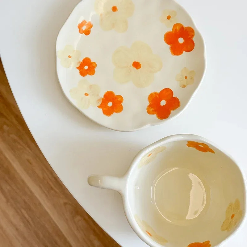 Flower Pattern Ceramic Cup Korean Style Saucer Set Hand Pinched Irregular Coffee