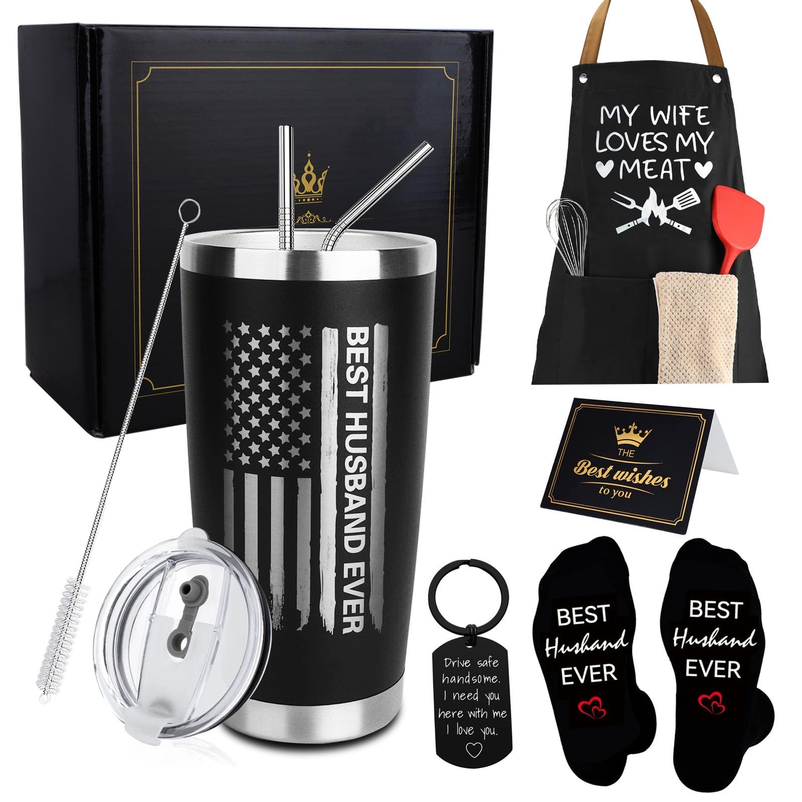 8PCS Husband Birthday Gift Set Tumbler Apron Socks Gifts from Wife