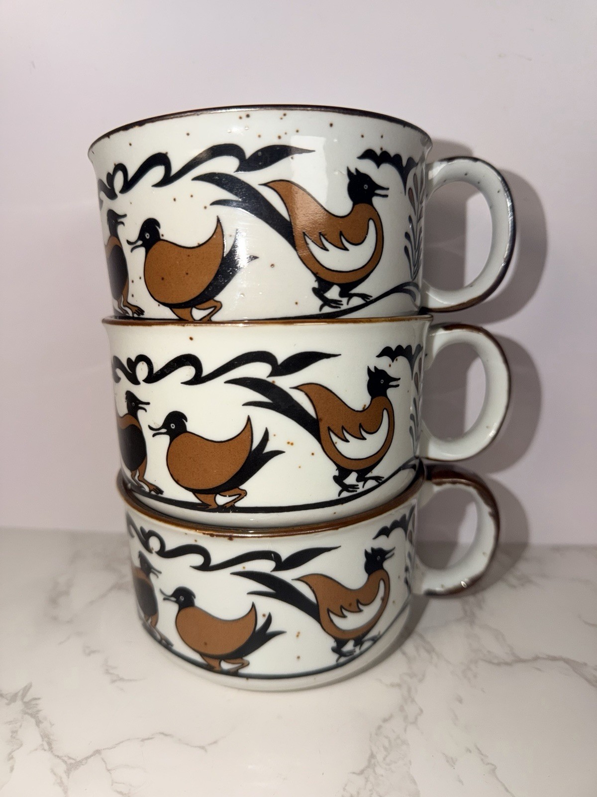 Otagiri 1970’s STONEWARE MUGS Soup Coffee Cup Birds MCM Set Of 3 Vintage EUC