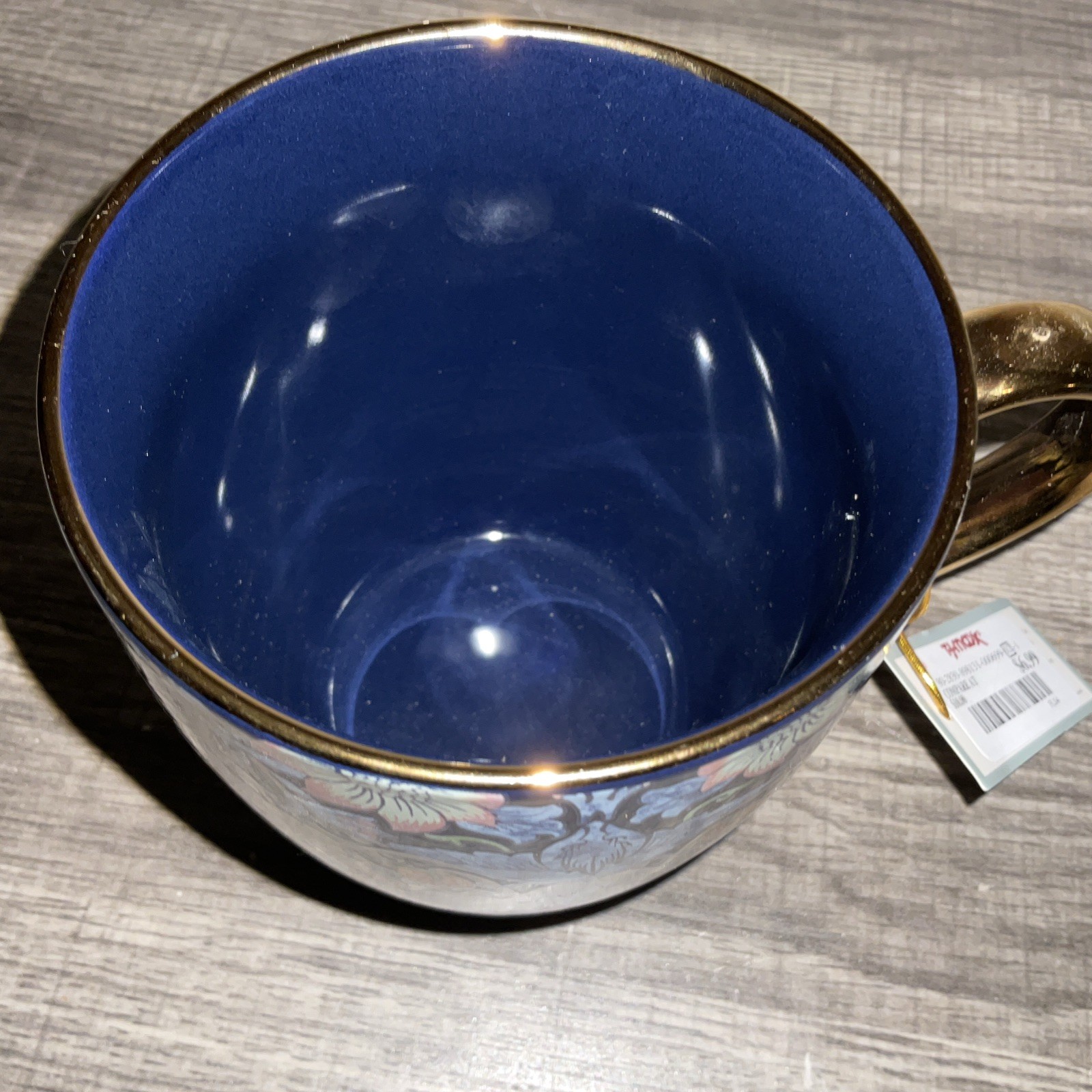 MORRIS & Co.STRAWBERRY THIEF NAVY BLUE GOLD HANDLE RIM 16oz.PORCELAIN 2 MUGS NWT