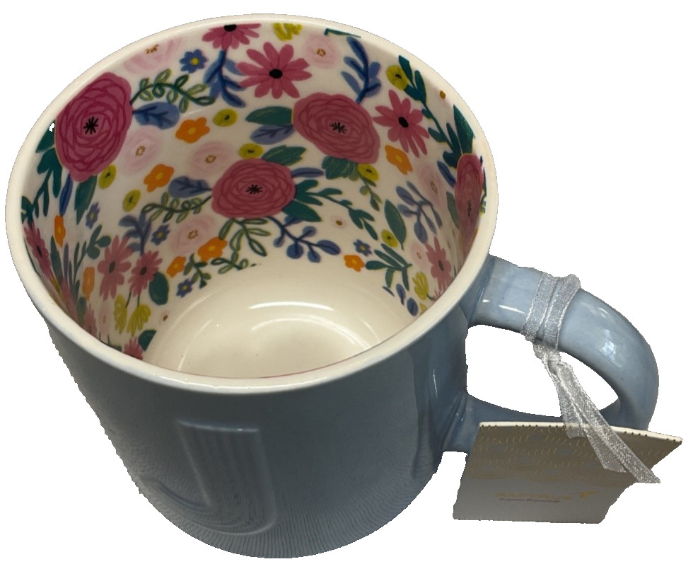 PAPYRUS MUG (1) INITIAL J BLUE FLORAL INTERIOR 3.75 ROUND x 4 INCHES NWT