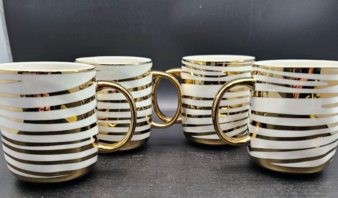 Porcelain with Gold Detail Striped Mugs, Set of 4, Great Gift