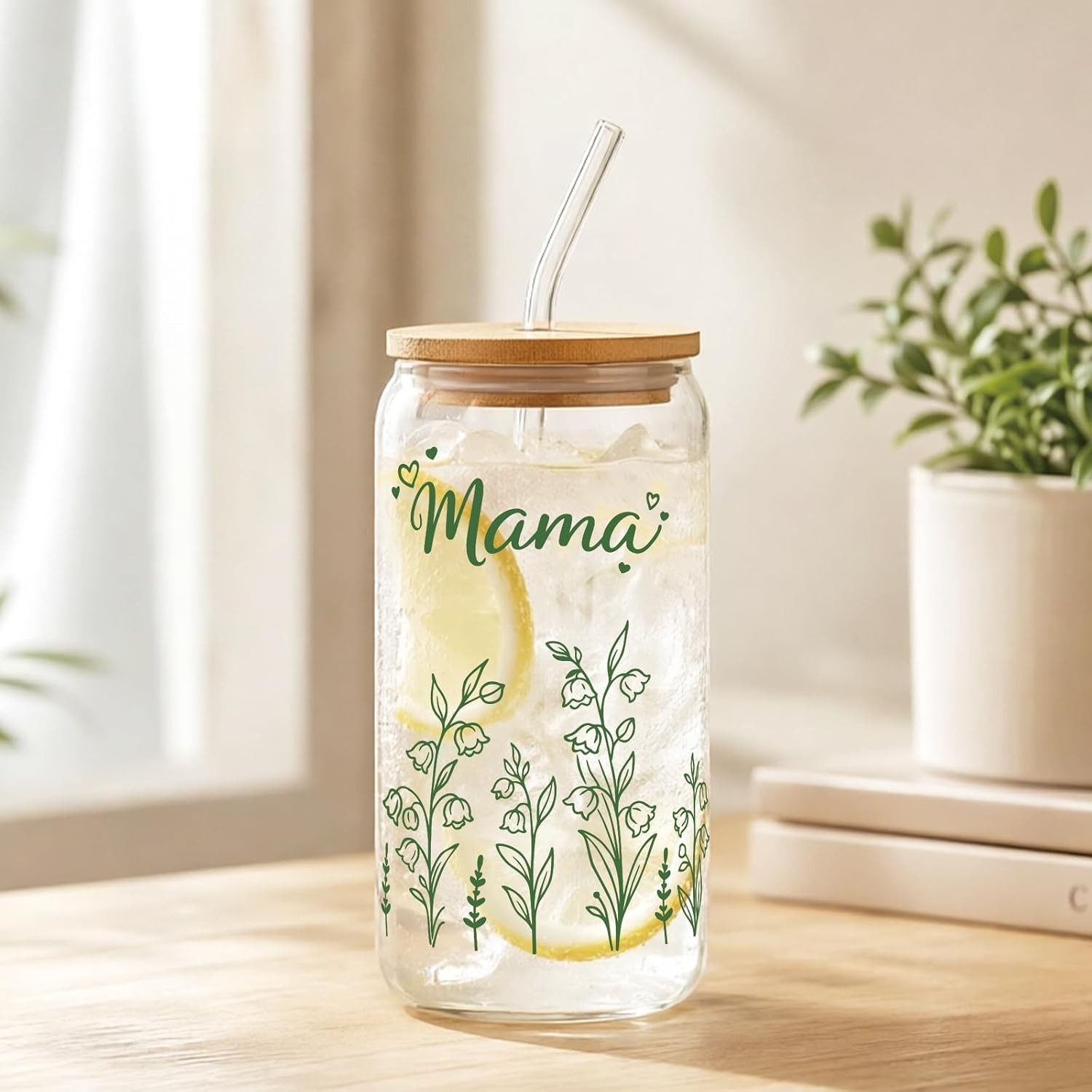 Mama for Mom – 16oz Floral Iced Coffee Cup with Lid and Straw – Cute Birthday
