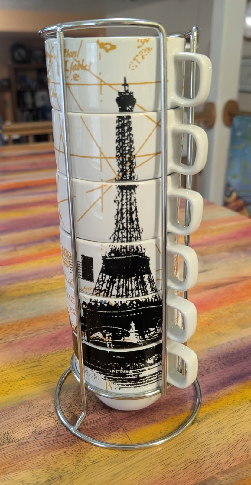⭐Royal Paris Eiffel Tower Stackable w/Metal Rack Art Nouveau Coffee Cups Mugs