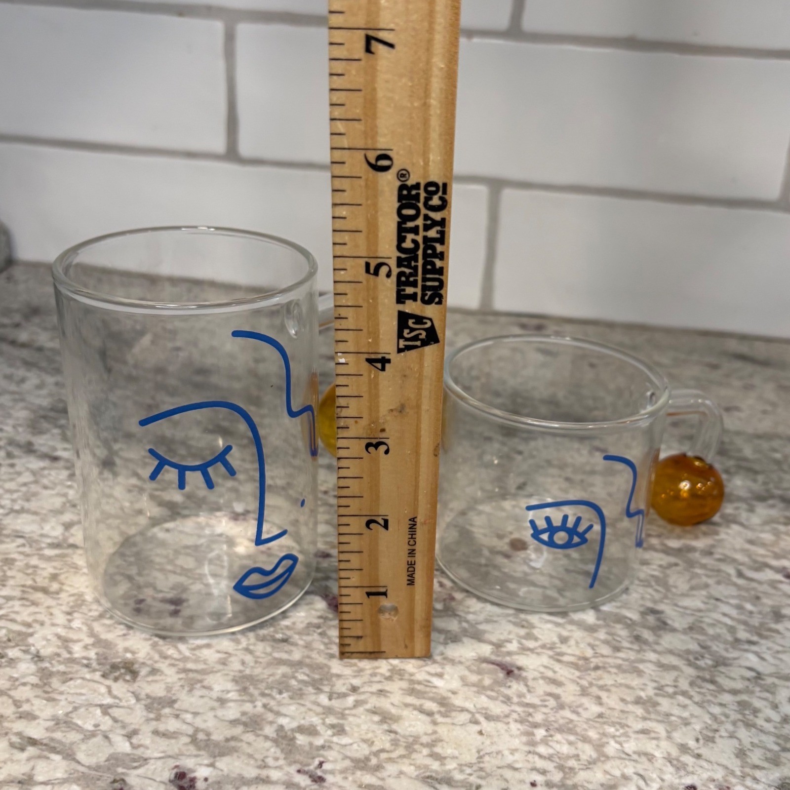 Abstract Face Glass Mug Set of 2 Amber Ball Handle Blue Line Art Coffee Tea Cups