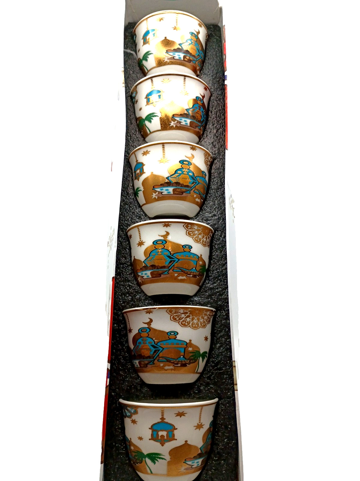 Set of 6 Arabic Coffee cups in Original Box -Traditional Gahwa Cups Gold Accents