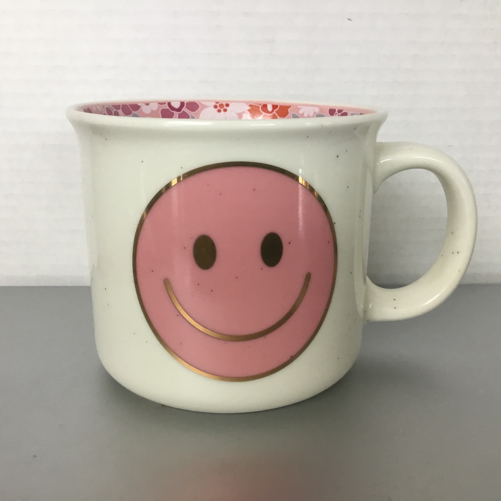 Happy Face Mug Cup 20oz Ceramic Bright Pink Tones Colorful Floral Inside