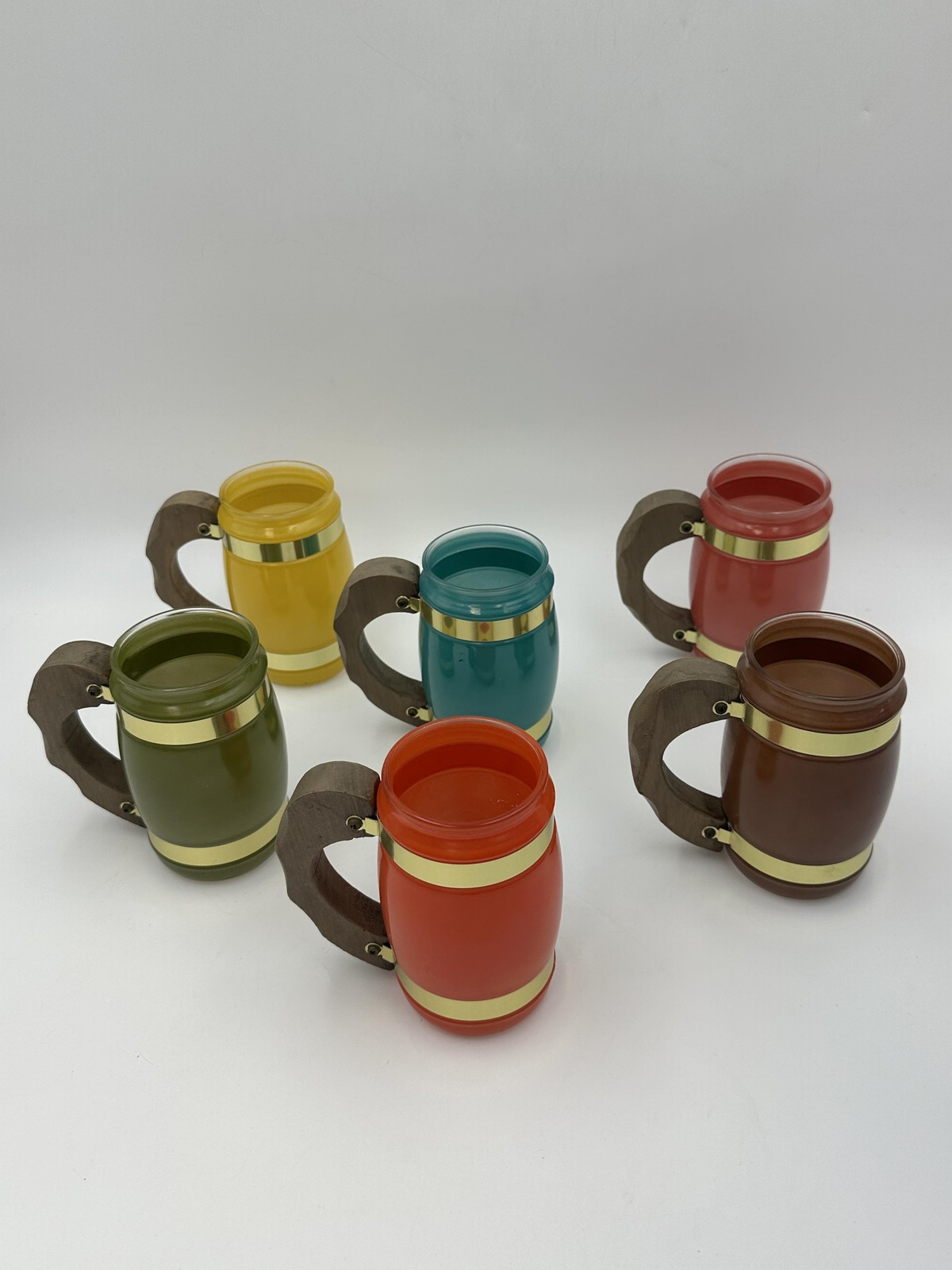 Siesta Ware Glass Mugs Set Of 6 Glass Barrel Wood Handles Multicolor Vintage
