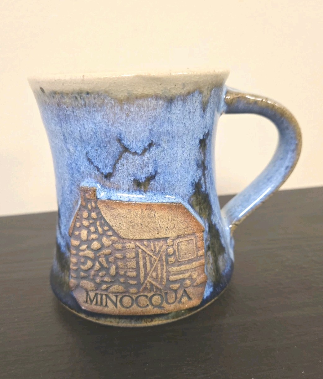 Minnesota Minocqua Studio Art Pottery Mug Cabin Pine Forest Blue Glaze Signed